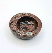 Pentik Finland Brown Ceramic Small Bowl Trinket Dish Embossed Bird And Leaves