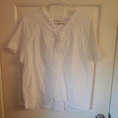 LOFT XL White Eyelet Flutter Sleeve Lace Tie Front Blouse Cottage Prairie