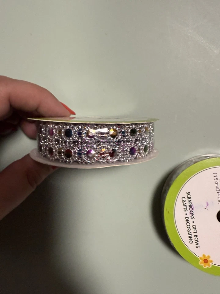 Floral Garden Gem Mesh Ribbon 2 Rolls 3/4" x 3 Yards Each Silver with Multicolor - Image 3 of 4