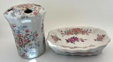 Set of 2 Vintage Bathroom Vanity Soap  Toothbrush Holder Floral Roses