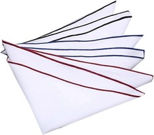 Mens White Pocket Square 100 Cotton- Pack of 3 Burgundy Navy Blue Black Border