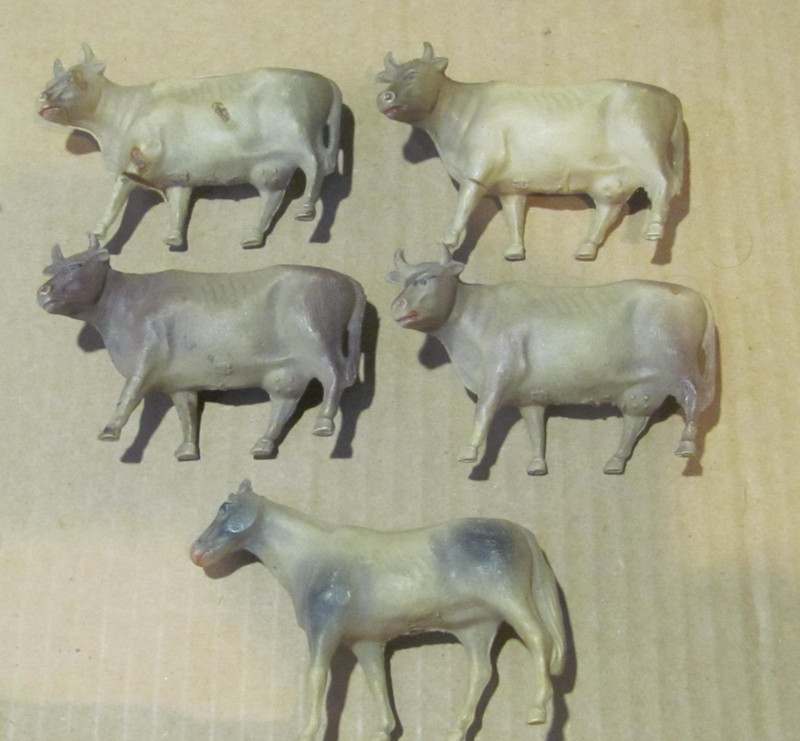 5 Vintage celluloid animal figures: 4 Cows &  1 Horse about 2x3"