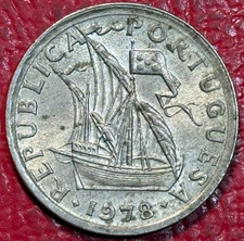 HIGH GRADE AU DETAILS 1978 PORTUGAL 2 1/2 OR 2.5 ESCUDOS COIN-DEC380