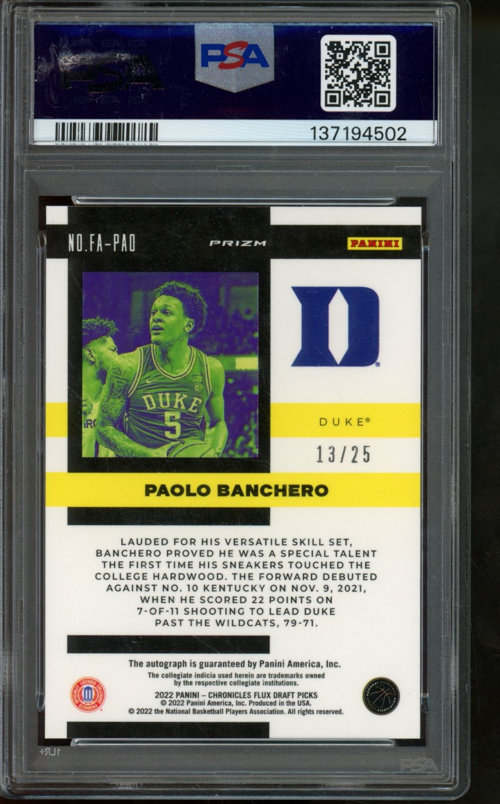 2022 Panini Chronicles DP Paolo Banchero Flux Purple /25 Auto PSA 10 #FA-PAO RC view 2