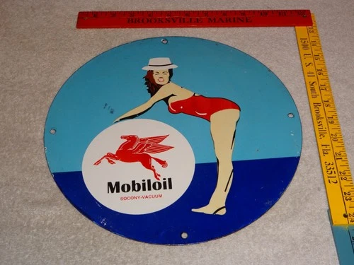VINTAGE MOBIL MOBILOIL +MARILYN MONROE 11 3/4" PORCELAIN METAL GASOLINE OIL SIGN