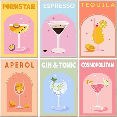 Cocktails Malen nach Zahlen Set 6er Pack 20x30cm Leinwandbild
