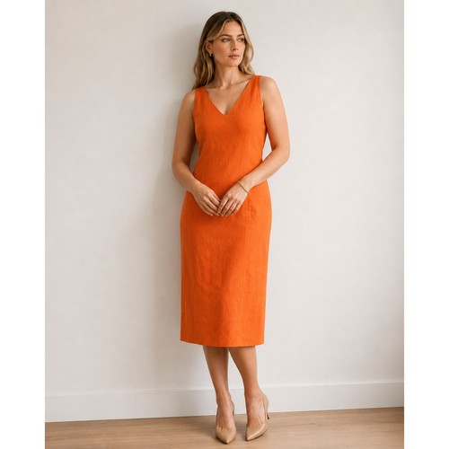 Ann Taylor, Ann Taylor Orange Linen Midi Dress Women's 12 Vintage Minimalist