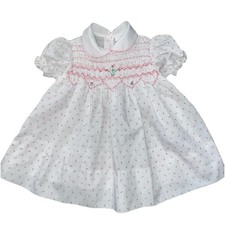 Vintage Tots 18 Mo Pink Rosebud Smocked Baby Girl White Dress Embroidered EUC
