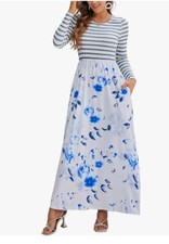 Simplee Blue Size S Long Sleeve White Striped Floral Patchwork Dress Maxi