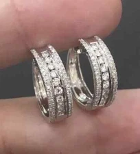 Women's Pretty Hoop Earring Round Cut Simulated Diamond In 14K White Gold Plated