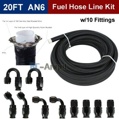 US 6AN -6AN Black Nylon E85 PTFE Fuel Line 20FT w/10 Fittings Hose Kit E85 NEW