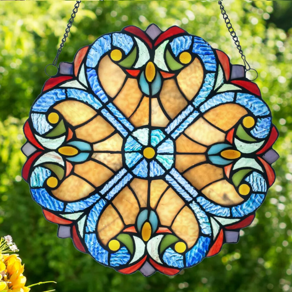 12-In Blue and Red Floral Tiffany Style Stained Glass Window Panel