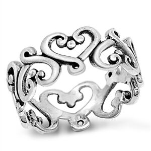 Solid Hearts Fashion Band .925 Sterling Silver Ring Sizes 3-10