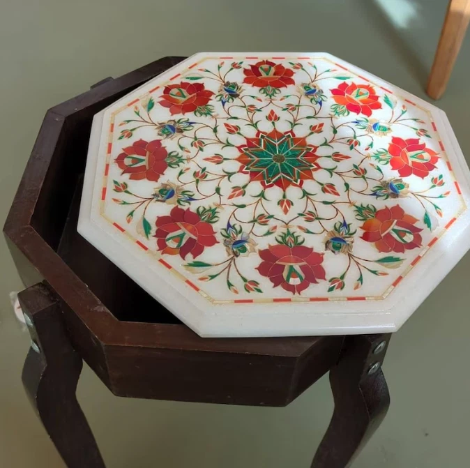 Hexagonal White Marble Inlay Table Top Fully Floral Design | Handmade Home Decor - Image 3 of 4