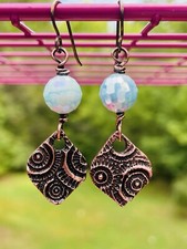 Handmade copper earrings with blue beads Hypoallergenic Niobium ear wires