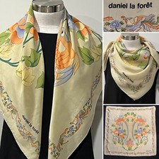 DANIEL LA FORET Vintage Silk Pale Green Tropical Birds Scarf 86x86cm Handroll