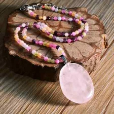 Boho Pink Quartz Pendant Necklace Colorful Natural Stone Beads Long Chain Women