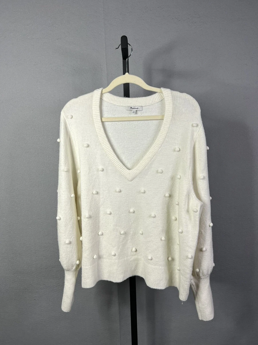 Madewell Sweater Womens 2X Off White V Neck Wool Blend Pom Poms eBay