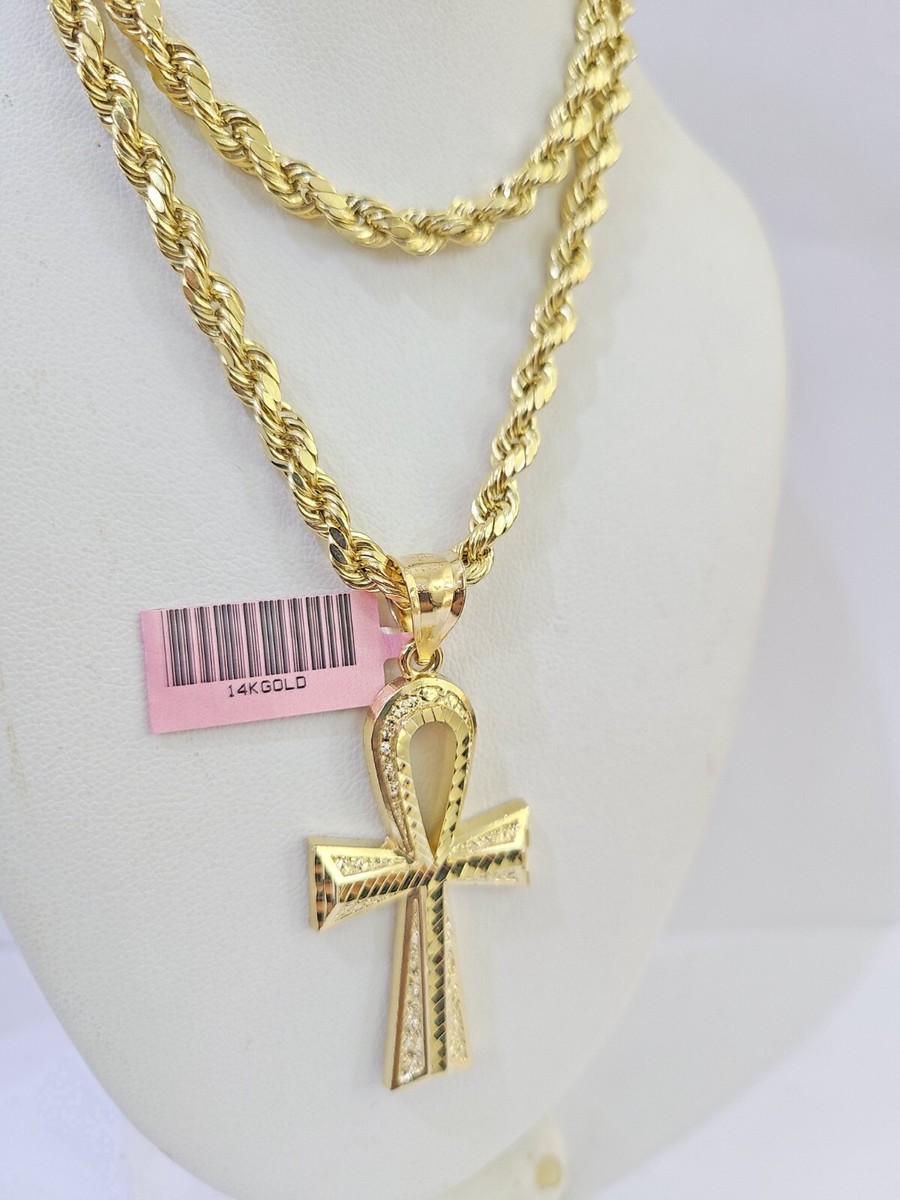 Real 14k Yellow Gold Rope Chain Ankh Cross Charm Set Link