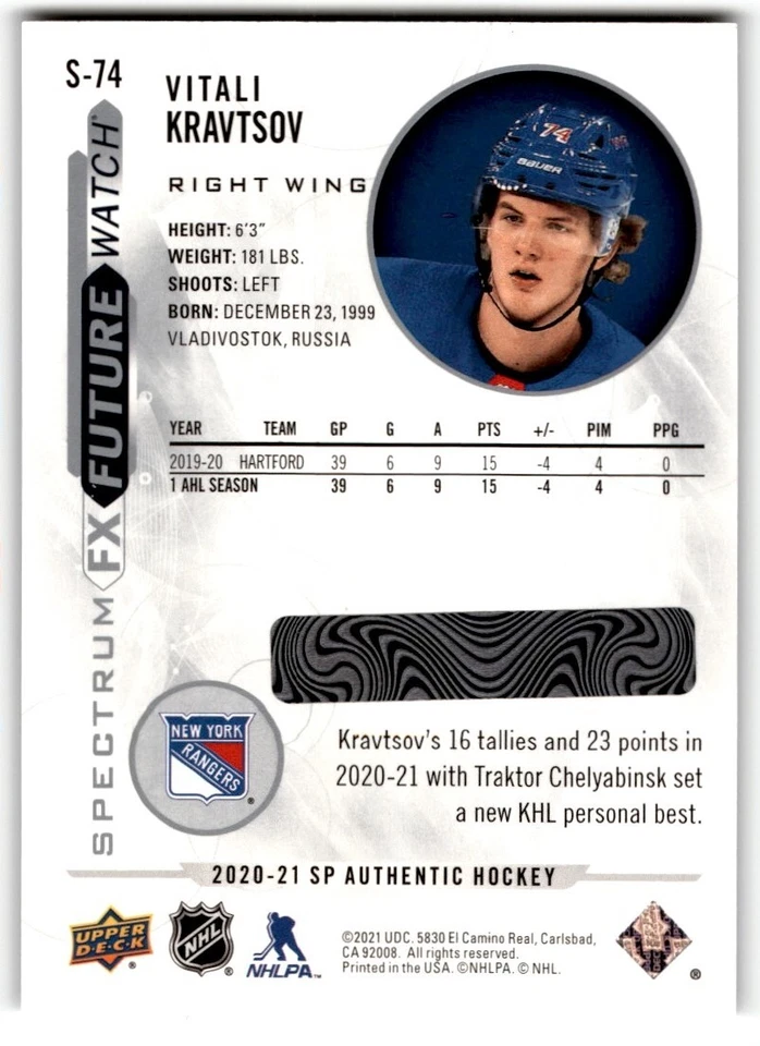 Vitali Kravtsov 2020-21 SP Authentic Spectrum FX Future Watch Rookie #S-74 New - Image 2 of 2