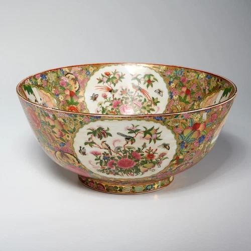 Hand Painted Chinese Famille Rose Medallion Enamel Bowl Large 12" Antique