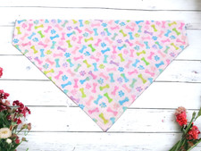 Spring Pink Dog Bandana OVER THE COLLAR Slide on Scarf Paw Prints Bones Bandanna