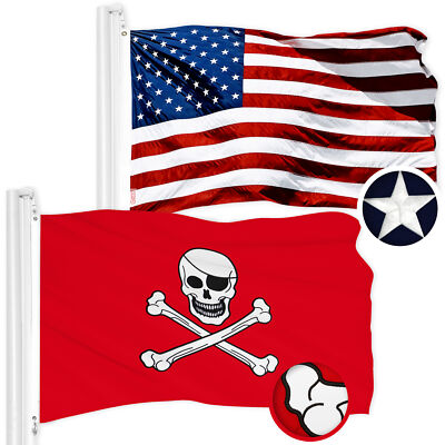 G128 Combo USA Flag 1x1.5 Ft & Jolly Roger Bones Red Flag 1x1.5 Ft Both Emb Poly