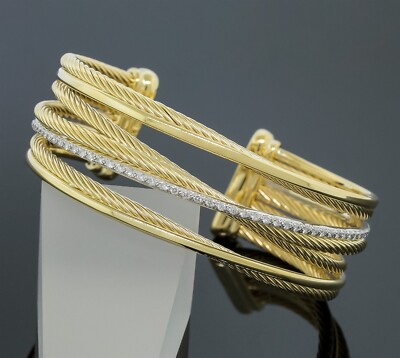 David Yurman Diamond 4-Row Cable Crossover Cuff Bracelet 18K Yellow/White Gold