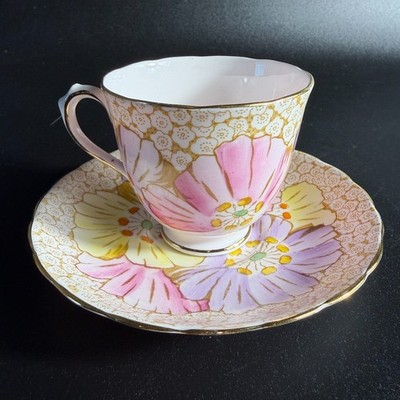 Vintage Tuscan Bone China Floral Teacup Saucer Poppy Gold England Numbered (117)