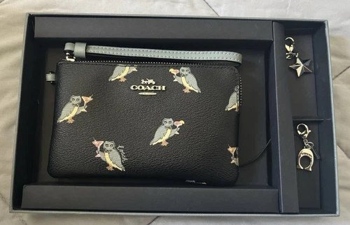Braccialetto nuovo autentico Coach in scatola festa stampa gufo angolo zip con ciondoli