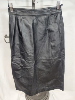 VTG Pelle Cuir Black Leather Women's Sz 8 High Rise Straight Below Knee Skirt