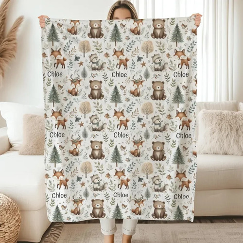 Personalized Woodland Animal Flannel Blanket Custom Name Baby Gift - Picture 1 of 12