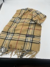 100 Cashmere Made In Scotland Multicolor Plaid 68  X 12  Scarf Fringe Tan EUC