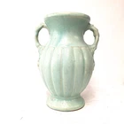 McCoy Pottery Ribbed Double Handle Urn Vase Aqua Matte Glaze Vintage USA