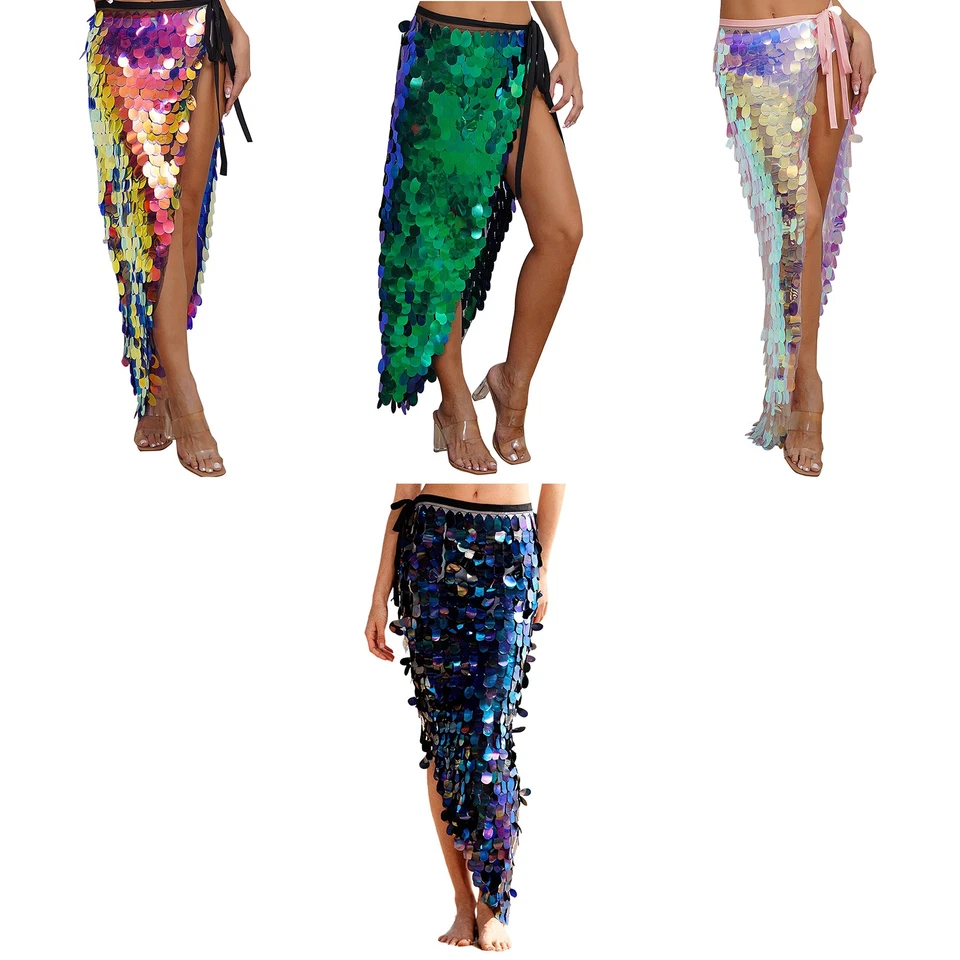 UK Womens Sparkly Sequins Skirt Long Belly Dance Hip Skirts Rave Party Hip Wrap - Image 4 of 4