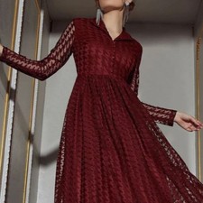 SHEIN Belle Burgundy Houndstooth Pattern Single Breasted Lace Dress Misses 6
