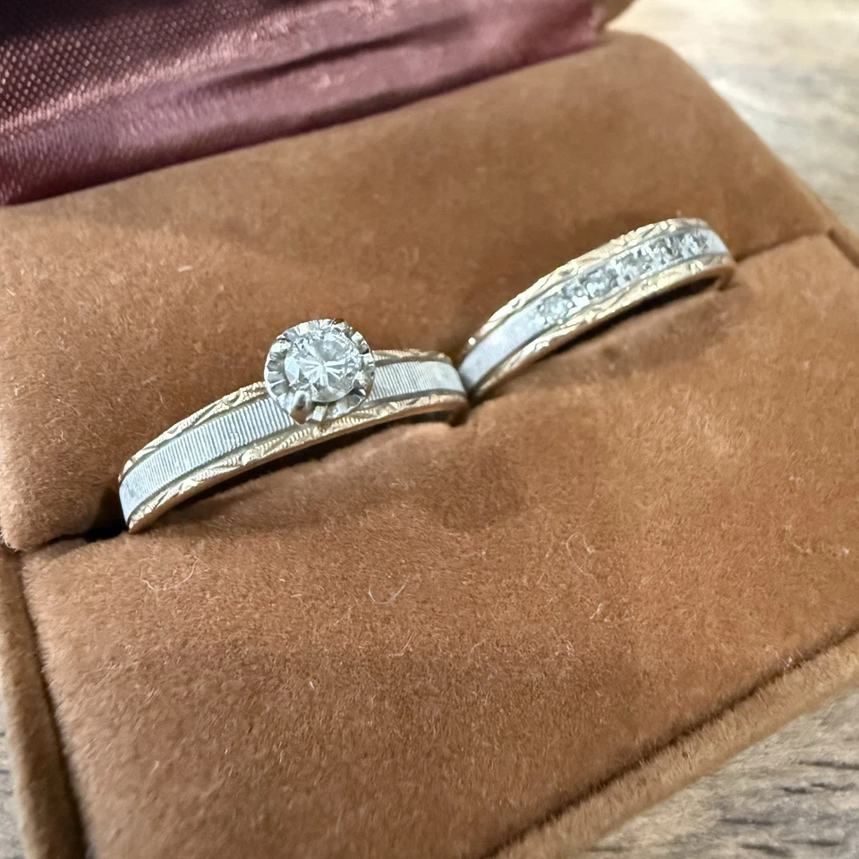 Vintage 14k White And Yellow Gold Ribbed Diamond Solitaire Wedding Set 5.7g Sz7 - Image 4 of 4