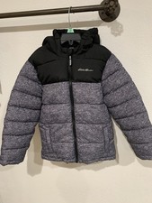 Eddie Bauer Unisex Kids Hooded Puffer Jacket Black Gray Sherpa Lined, XS 7