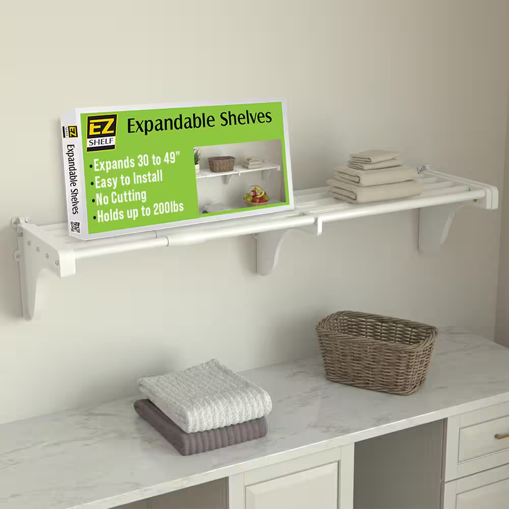 28 In. - 50 In. Metal Expandable Shelf in White with 2 End Brackets