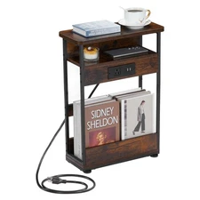 Narrow Side Table With Charging Station, 3-Tier End Table with 2 USB Ports & ...