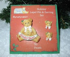 Cherished Teddies Bear Holiday Lapel Pin  Earring Set - Brooch GUC
