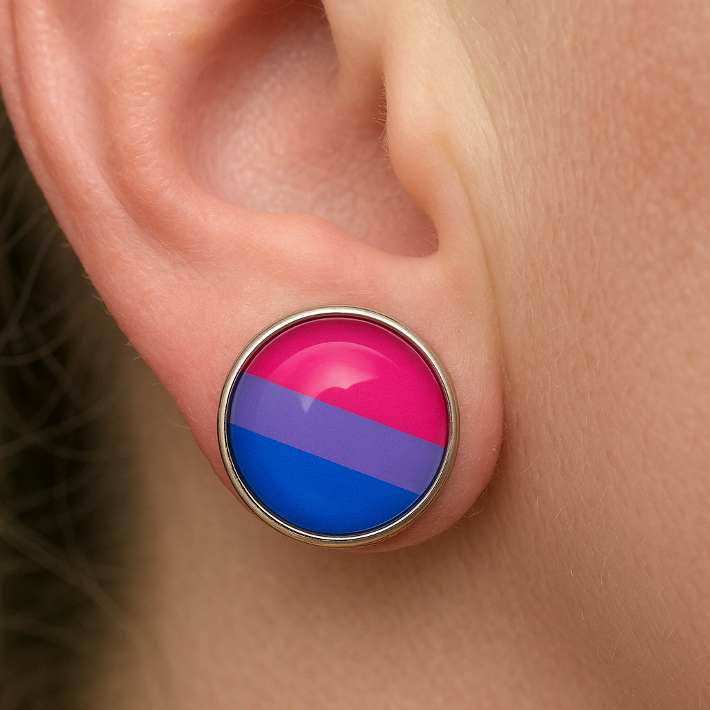 Bisexual Stud Earrings Flag Colours Glass Dome Cabochon LGBT Pride Jewellery