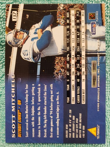 1995 PINNACLE SCOTT MITCHELL #157 DETROIT LIONS - Picture 3 of 4