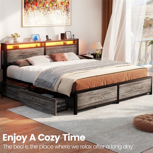 King/Queen/Full LED Bed Frame, Headboard with Charging Station,4 Storage Drawers - Picture 2 of 13