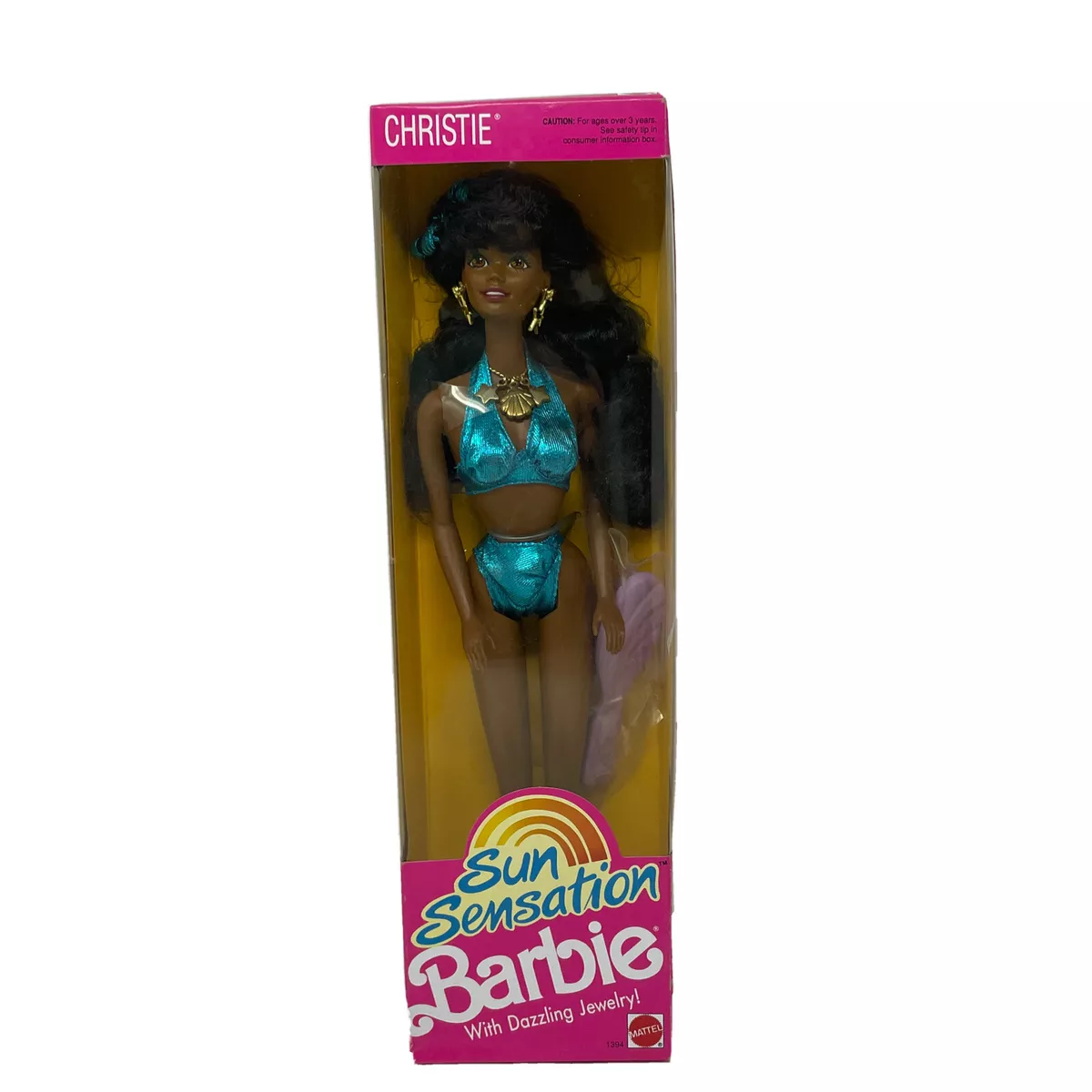 Vintage 1991 Sun Sensation Christie Barbie Doll Blue Metallic Bikini NRFB