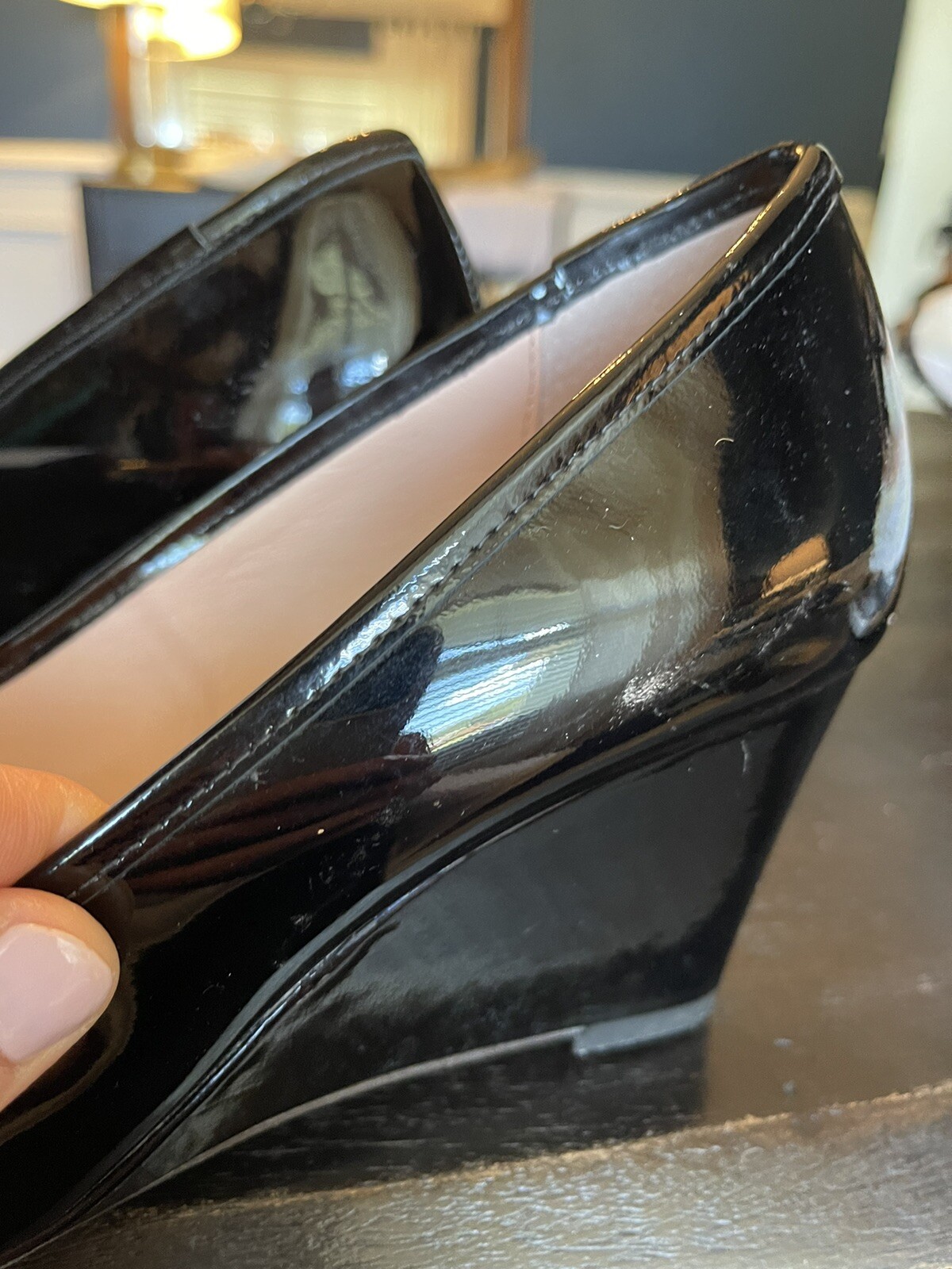 Kate Spade New York Women's Kacey Cap Toe Black Patent Leather Wedge Heel Sz 8.5 thumbnail 6
