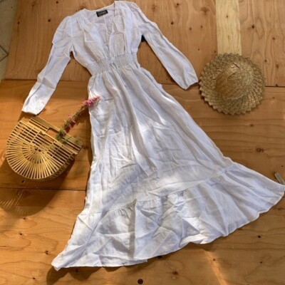 NWD Reformation Chantal Carina dress White Linen Bridal Bride Wedding tie  smock | eBay
