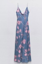 ZARA WOMAN LONG FLOWY NECKLINE PRINTED DRESS BLUISH_3141/008 SS24 NWT_Sz.M