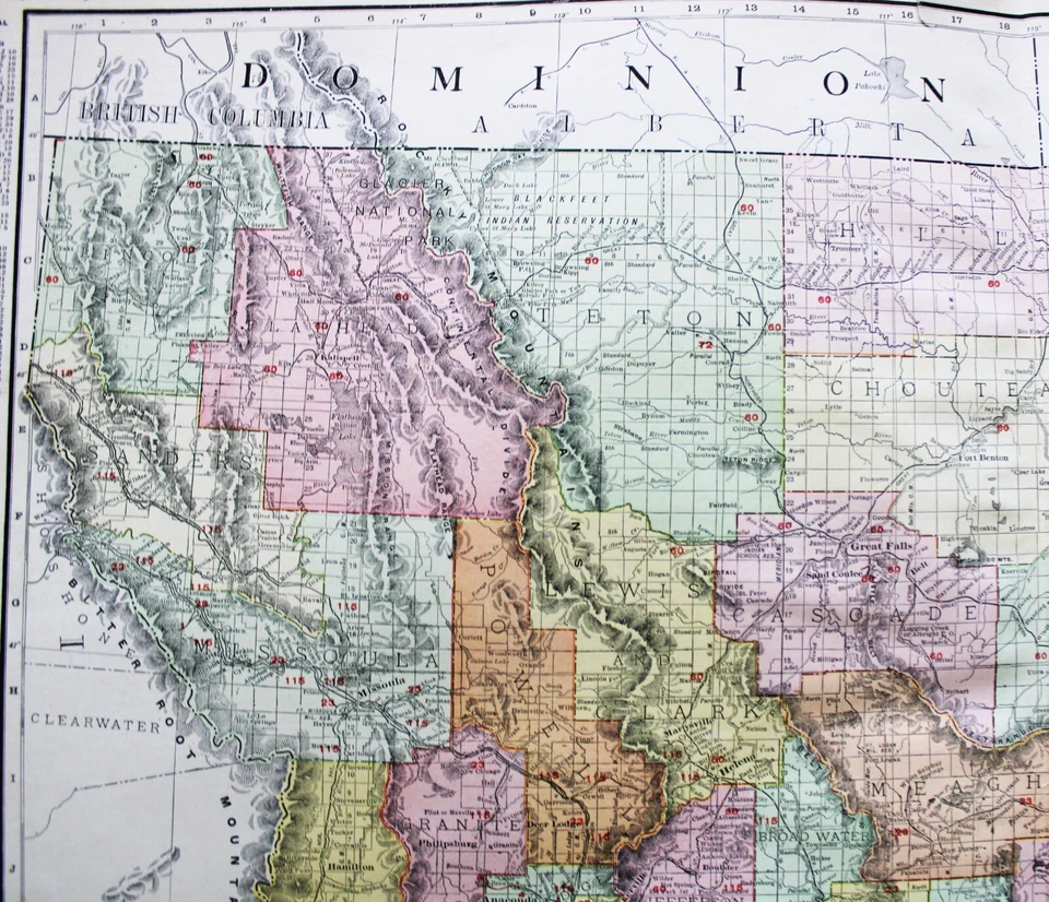 PÁGINA MAPA ATLAS COMERCIAL RAND MCNALLY DE MONTANA 1913 CON LÍNEAS DE FERROCARRIL Foto 3 de 4