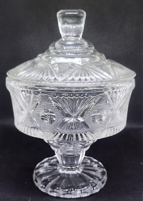 Vintage Bon Bon Candy Trinket Dish Pressed Glass Pedestal Compote with Lid